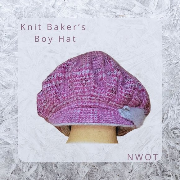 Raspberry & Grey Knit Herringbone Baker Boy Hat accent on side sparkles in Front - Picture 2 of 11